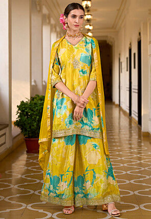 Digital Printed Chinon Silk Pakistani Suit in Yellow