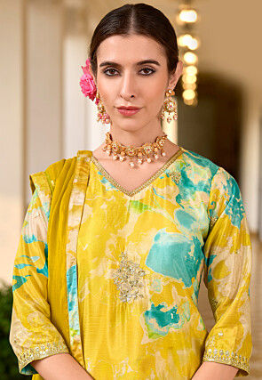 Digital Printed Chinon Silk Pakistani Suit in Yellow