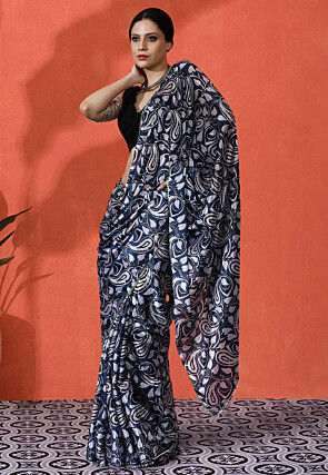 Digital Printed Chinon Silk Saree in Blue