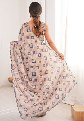 Digital Printed Chinon Silk Scalloped Saree in Brown