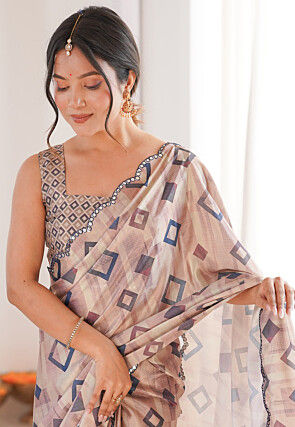 Digital Printed Chinon Silk Scalloped Saree in Brown