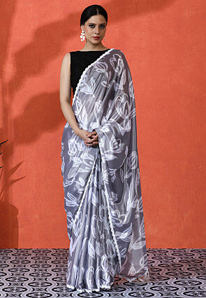 Digital Printed Chinon Silk Saree in Grey