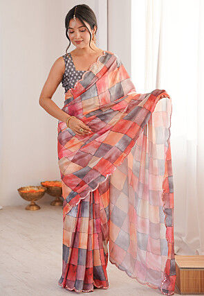 Digital Printed Chinon Silk Scalloped Saree in Multicolor