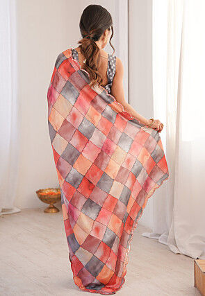 Digital Printed Chinon Silk Scalloped Saree in Multicolor