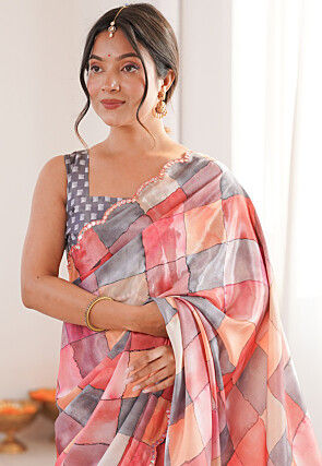 Digital Printed Chinon Silk Scalloped Saree in Multicolor