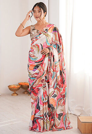 Digital Printed Chinon Silk Scalloped Saree in Multicolor