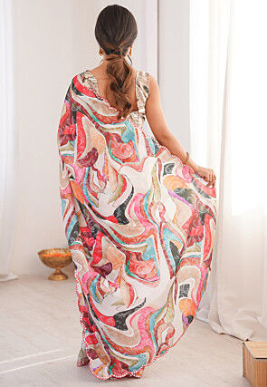 Digital Printed Chinon Silk Scalloped Saree in Multicolor