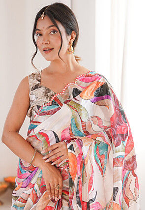 Digital Printed Chinon Silk Scalloped Saree in Multicolor