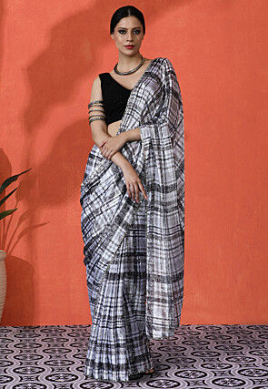Digital Printed Chinon Silk Saree in Off White and Black