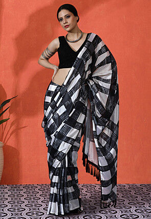 Digital Printed Chinon Silk Saree in Off White and Black