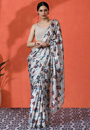 Digital Printed Chinon Silk Saree in Off White