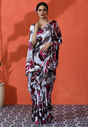 Digital Printed Chinon Silk Saree in Off White