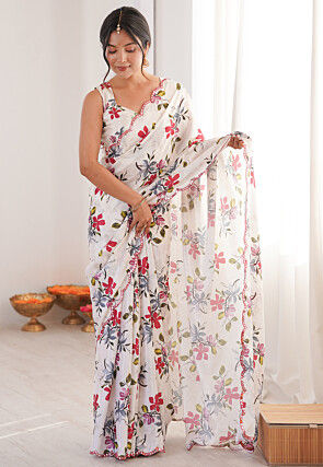Digital Printed Chinon Silk Scalloped Saree in Off White