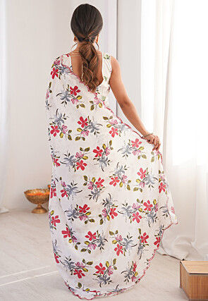 Digital Printed Chinon Silk Scalloped Saree in Off White