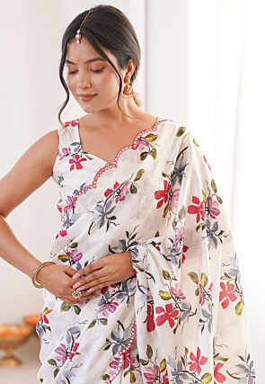 Digital Printed Chinon Silk Scalloped Saree in Off White