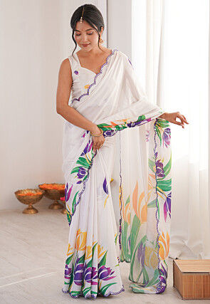 Digital Printed Chinon Silk Scalloped Saree in Off White