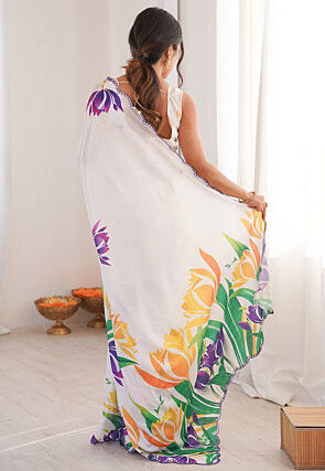 Digital Printed Chinon Silk Scalloped Saree in Off White