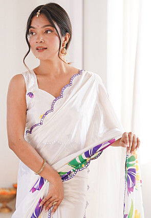 Digital Printed Chinon Silk Scalloped Saree in Off White