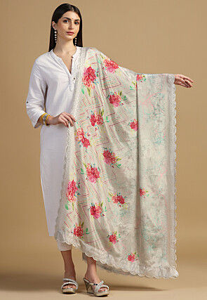Digital Printed Chinon Silk Scalloped Dupatta in Off White