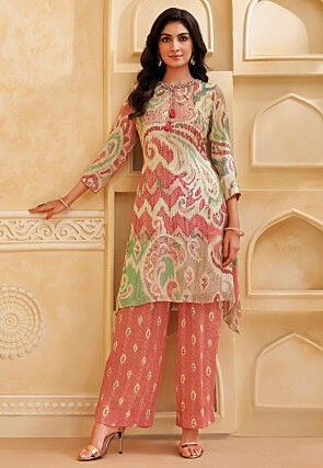 Digital Printed Chinon Silk Straight Kurta Set in Beige
