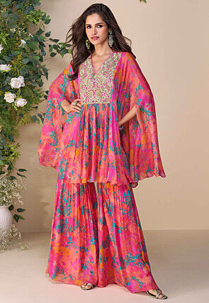 Digital Printed Chinon Silk Tunic Set in Peach