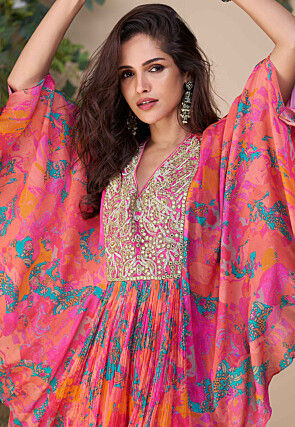 Digital Printed Chinon Silk Tunic Set in Peach