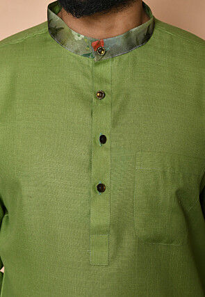 Digital Printed Collar Cotton Short Kurta in Green