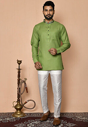 Digital Printed Collar Cotton Short Kurta in Green
