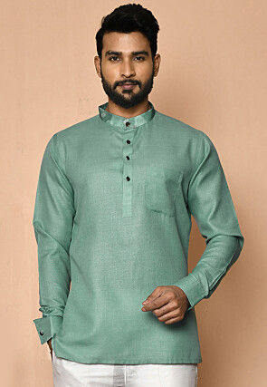 Digital Printed Collar Cotton Short Kurta in Light Teal Green