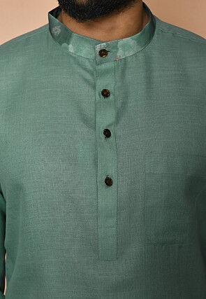 Digital Printed Collar Cotton Short Kurta in Light Teal Green