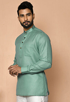 Digital Printed Collar Cotton Short Kurta in Light Teal Green