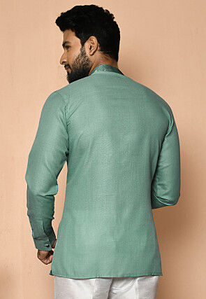 Digital Printed Collar Cotton Short Kurta in Light Teal Green