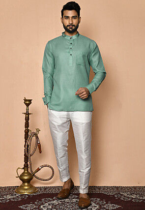 Digital Printed Collar Cotton Short Kurta in Light Teal Green