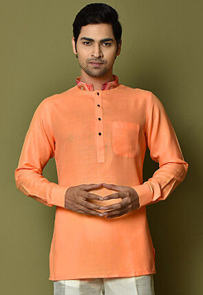 Digital Printed Collar Cotton Short Kurta in Orange