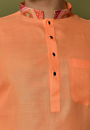 Digital Printed Collar Cotton Short Kurta in Orange