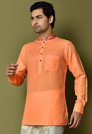Digital Printed Collar Cotton Short Kurta in Orange