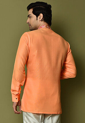 Digital Printed Collar Cotton Short Kurta in Orange