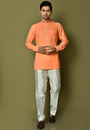 Digital Printed Collar Cotton Short Kurta in Orange