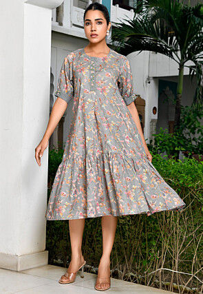 Digital Printed Cotton A Line Dress in Grey
