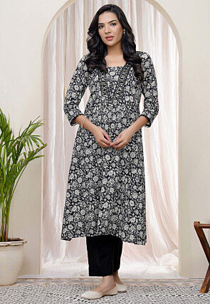 Digital Printed Cotton A Line Kurta in Black