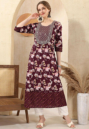 Digital Printed Cotton A Line Kurta in Maroon