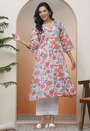 Digital Printed Cotton A Line Kurta in Off White