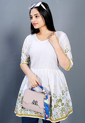 Digital Printed Cotton A Line Kurti in Off White
