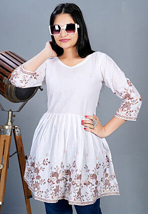 Digital Printed Cotton A Line Kurti in Off White