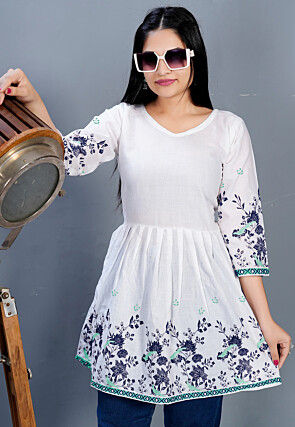Digital Printed Cotton A Line Kurti in Off White