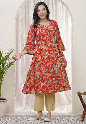 Digital Printed Cotton A Line Kurta in Red
