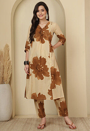Digital Printed Cotton A Line Kurta Set in Beige