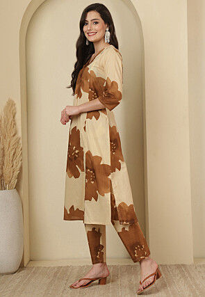 Digital Printed Cotton A Line Kurta Set in Beige