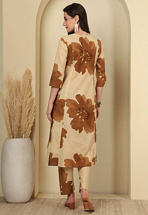 Digital Printed Cotton A Line Kurta Set in Beige