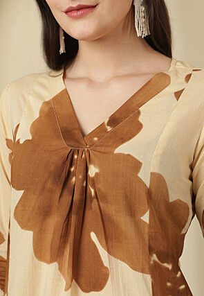 Digital Printed Cotton A Line Kurta Set in Beige